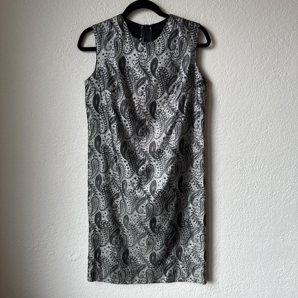 Fritzi of California Vintage Metallic Silver Black Paisley Brocade Shift Dress